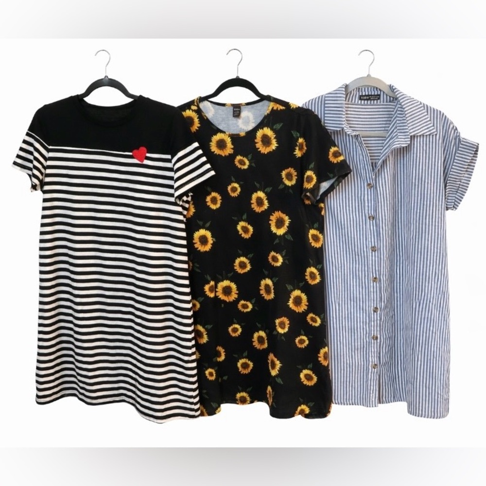 3 Dress Bundle SHEIN Casual Mini Striped Sunflower Shirt Dress Set Size L